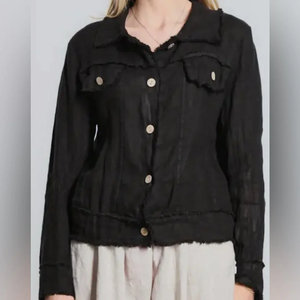 Tina Stephens Black Linen Jacket Classic Denim Style - Picture 2 of 14